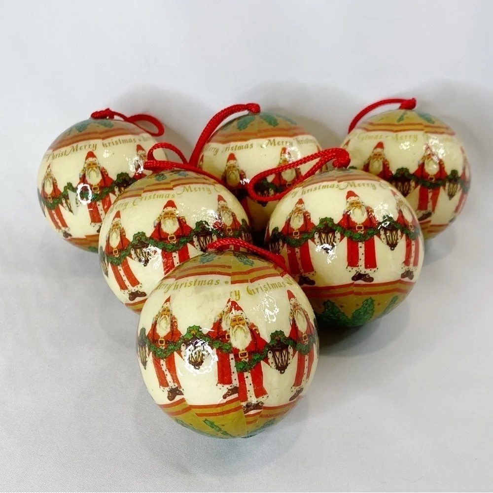 Lot of 6 1990 Kurt S Adler Vintage Round Ball Paper Mache Santa Ornaments 3”